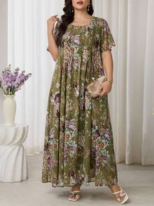 Al Najma Plus Size Women Floral Print Ruched Short Sleeve Arabic Style Dress - Multicolor - View 4