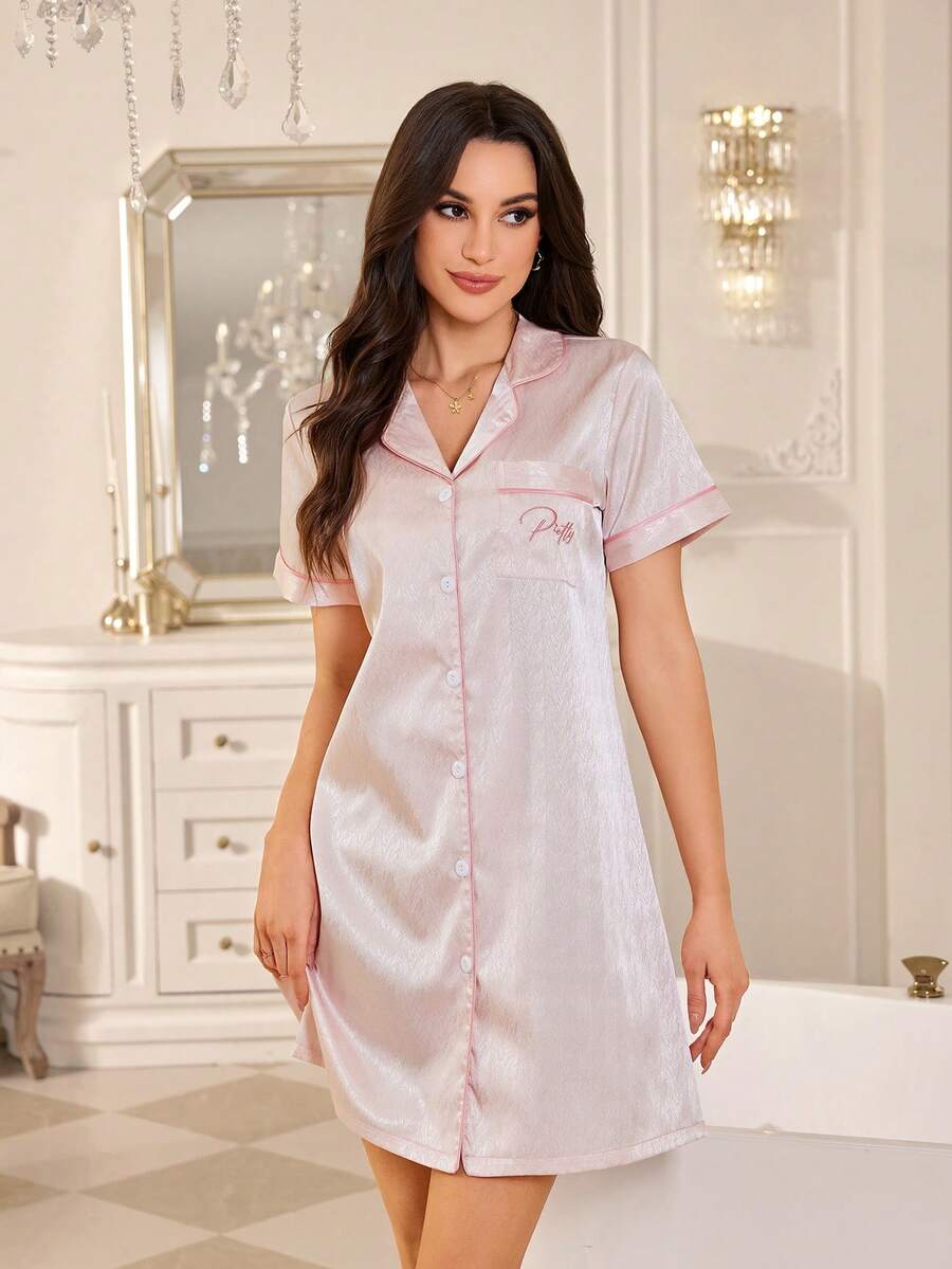 LuxeNights Pink Satin Lapel Short Sleeve Front Button Nightgown With Pocket Embroidery Detail - Pink - View 1