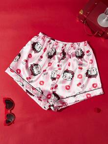 Betty Boop X POKOJA LAND 2-Piece Pajama Set With Shorts With Fashionable Pattern, Polyester Material, Matching Comfortable Shorts, Elastic Waistband, Spring Summer Relax, For Women, Perfect Slouchy Weeken - Pink - View 3