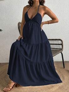 Cheriluna Maternity Comfortable Halter Neck Backless Maternity Dress - Navy Blue - View 4