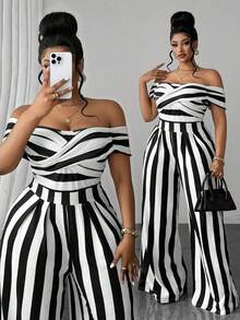 Maweii Plus Size Women's Off-Shoulder Striped Patchwork Casual Daily Jumpsuit - Black and White - View 1