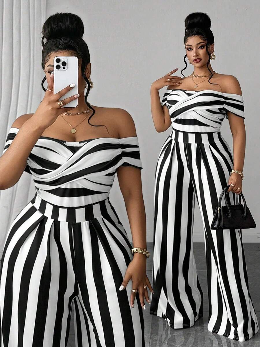 Maweii Plus Size Women's Off-Shoulder Striped Patchwork Casual Daily Jumpsuit - Black and White - View 1