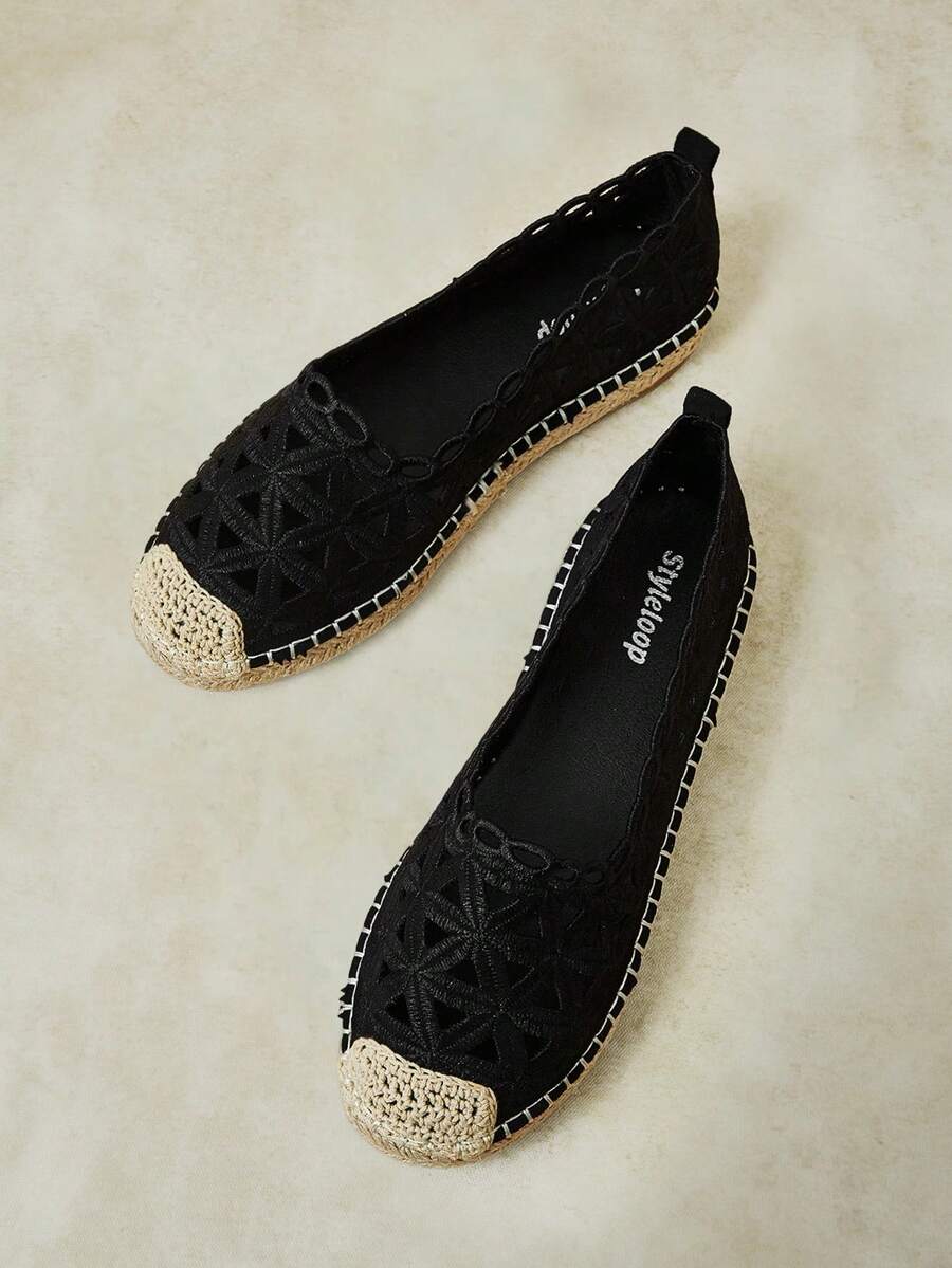Styleloop Ladies Black Summer Handmade Embroidered Thread Floral Hollow Hemp Rope Espadrilles Flats, Bohemian Style, Casual Vacation, Comfortable Commuter Fall Shoes - Black - View 1