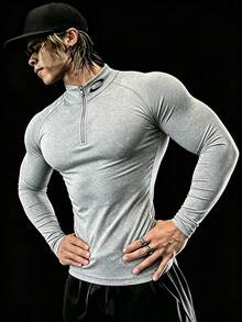 RISE LYT Men's Geometric Print Raglan Long Sleeve Zip Design Sports T-Shirt - Light Grey - View 3
