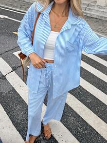SHEIN PariChic Damen Mode Lässig Küsten Chic Alltag Pendeln Urlaub 2-teiliges Set Blau und Weiß gestreiftes Langarmhemd und Modehose Herbst - Blau - Übersicht 3