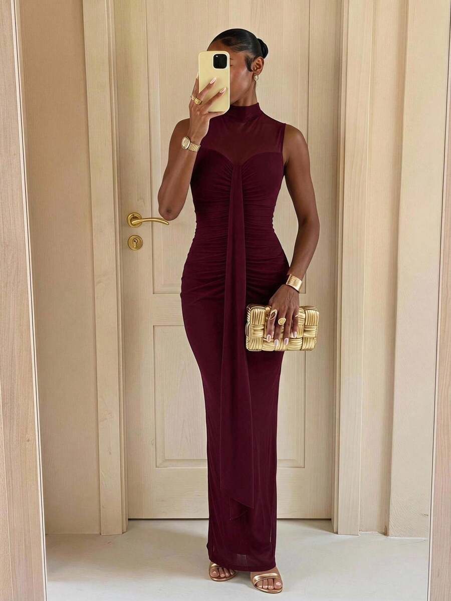 Lumalex Gaun Bodycon Tanpa Lengan Leher Tinggi dengan Detail Kerut dan Rumbai untuk Wanita, Cocok untuk Musim Panas, dari Pantai hingga Acara Gala. Kemewahan yang Tenang Berpadu dengan Nuansa Pesta.