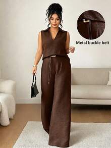 SHEIN Clasi Plus Size Summer Casual Elegant Solid Color Tank Top Pants 2 Pieces Set Brunch Formal Brown - Brown - View 1