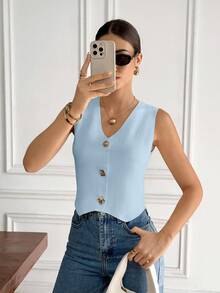 Serisse Casual Versatile Commute Solid Color Knit Vest - Baby Blue - View 7