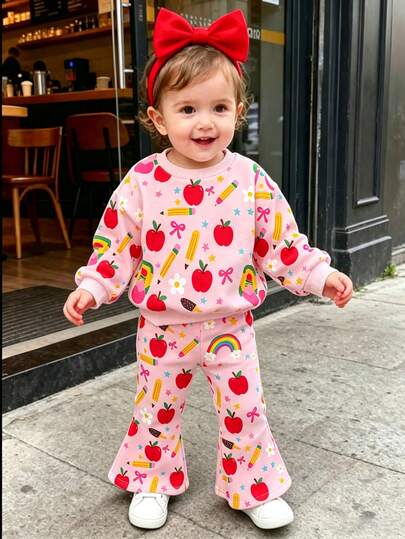 Casual Minimalist Children's Playful Stationery Print Baby Girl Round Neck Long Sleeve Sweatshirt Set, Soft Pink Full Print Pencil & Apple Pattern Long Sleeve Sweatshirt With Matching Print Flared Long Pants, Skin-Friendly Comfortable Breathable Fabric, Suitable For School, Outings, Parties, Summer Daily, Back To School, Casual Summer Bestselling 2-Piece Outfit