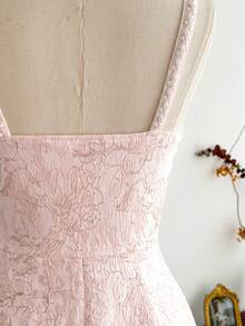Vintamour Vintage Romantic Classic Elegant Women's Fitted Jacquard Dress With Pearl Trim, Spaghetti Strap Pink Umbrella Hem Party Vacation Wedding - Pink - View 6
