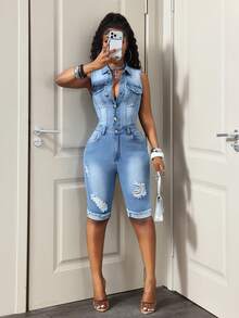 Slaydiva Jumpsuit Denim Slim Fit Wanita untuk Semua Musim, Kancing Depan, Potongan Lebar, dan Ujung Bawah Berumbai - Medium Wash - View 4
