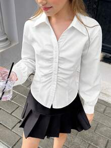 Firerie Kids Firerie Kids 青少年女孩返校百搭白色襯衫，白色開衩腰部抓褶胸前長袖女式襯衫，休閒日常時尚百搭，適合畢業季正式場合，長袖白色襯衫，秋冬疊穿 - 白色 - 查看 5