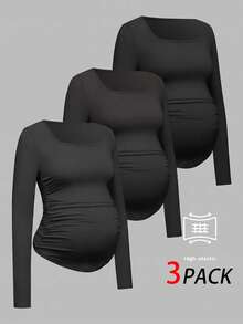 SHEIN Maternity Casual Versatile Solid Color Ruched Slim Fit Long Sleeve T-Shirt - Black - View 4