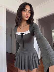 Sweetina 性感甜辣風拼接女款連身裙，冬季收腰 2 合 1 連身裙 - 灰色 - 查看 1