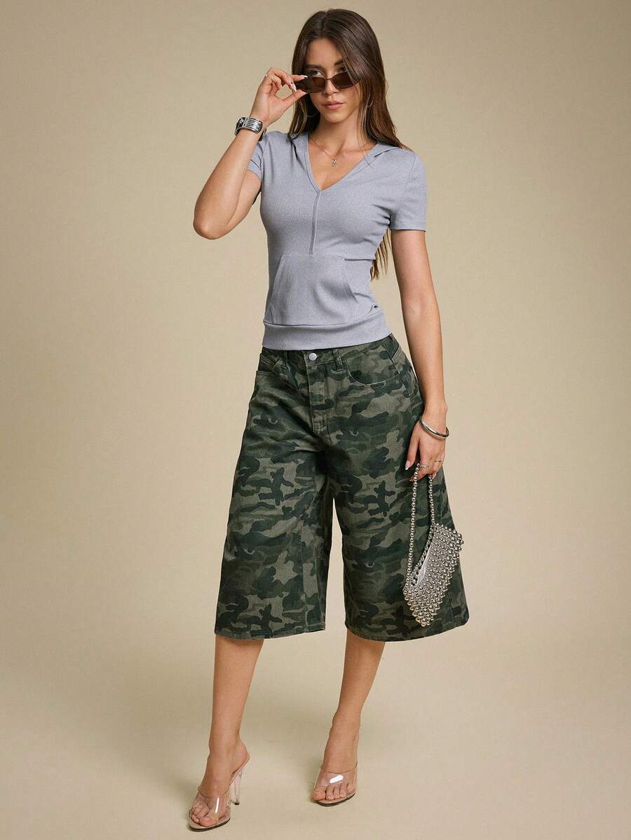 Rina Fox Women's Solid Color Short Sleeve Pocket Design Casual Baggy Hoodie Top Everyday Going Out Dusty Blue Summer
