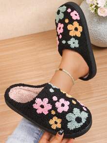 Fashionable, Cute Flower Pattern, Soft And Comfortable Home Slippers, Warm Slippers, Winter Women's Shoes - Black - View 2