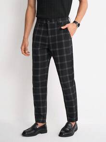 RONVEXI Men Plaid Print Slant Pocket Suit Pants For Ceremony Formal - Black - View 1