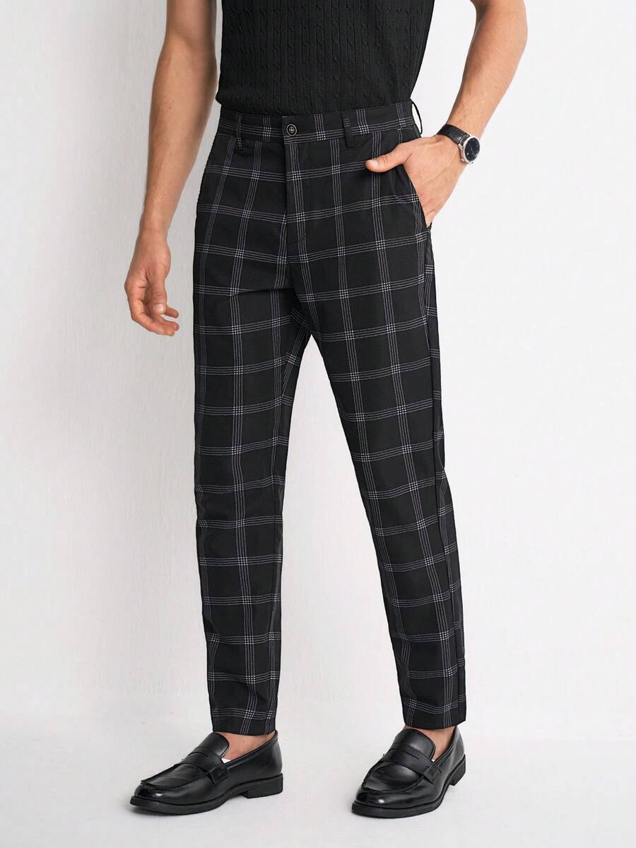 RONVEXI Men Plaid Print Slant Pocket Suit Pants For Ceremony Formal - Black - View 1