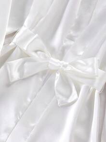 Girls White Soft Satin Long Sleeve Tie-Front Pajamas With Back Graphic Print, Loungewear Crew Neck Cotton Solid Bow Letter Fall Autumn/Winter Set - White - View 5