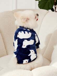 PETSIN 1件可愛海軍藍法蘭絨北極熊印花保暖寵物衛衣 - 彩色 - 查看 4