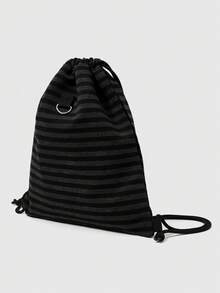 ROMWE Anime 1Pc Dark Gray Black Striped Printing Large Capacity Drawstring Bundle Backpack Casual Versatile Unisex Suitable For Commuting, Socializing, Shopping - Gray black stripes 1 - View 4