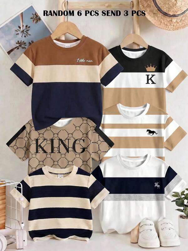 RANDOM 6 PCS SEND 3 PCS Tween Boy Casual Comfortable Fashion Minimalist Crew Neck Short Sleeve T-Shirt 3pcs Set, Classic Vintage Floral Print, Classic Retro Stripe Print, Classic Color Block Patchwork Print, Exquisite Logo Print, KING
