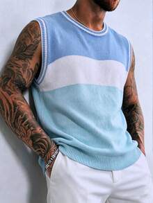 Manfinity Dauomo Men's Colorblock Casual Versatile Daily Wear Knit Top - Blue - View 1