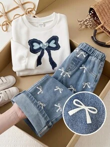 LMoss Kids 女嬰蝴蝶結圖案印花圓領冬季衛衣與牛仔褲套裝，開學季白色藍色秋季可愛寬鬆牛仔褲兩件套 - 彩色 - 查看 4