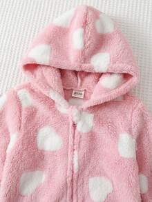 SHEIN Baby Girl Heart Pattern Hooded Fuzzy Romper - Pink - View 4