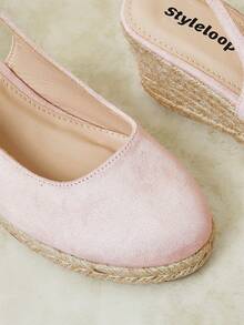 Styleloop Ladies Slope Heel Thick Bottom Platform Solid Color Elegant Vacation Leisure Beach Hemp Rope Bottom Bohemian Slip-On Sandals - Pink - View 8
