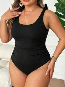 SHEIN CURVE+ Plus Size Women's Solid Color Textured Fabric Thick Strap One-Piece Swimsuit Beach Summer Eleganza - Black - View 3