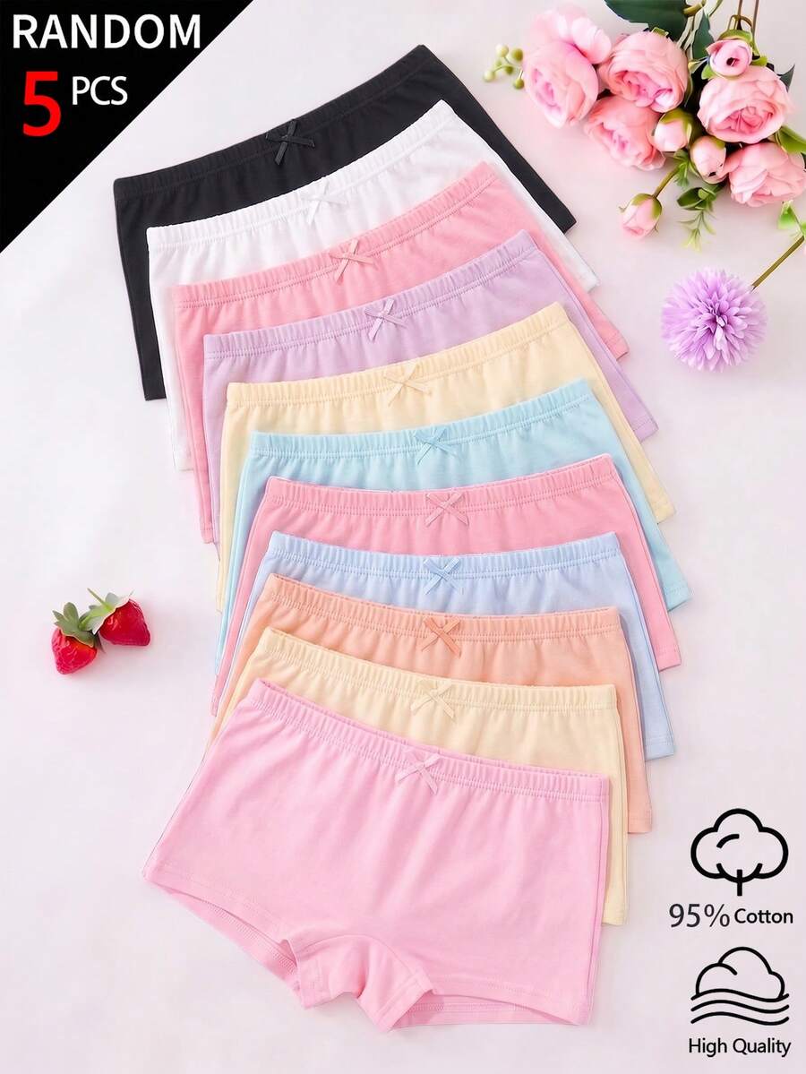 SHEIN Random 5 Pcs Girls' Solid Color Minimalist Cotton Briefs, Suitable For Young Girland Students Autumn Fall - Multicolor - View 1
