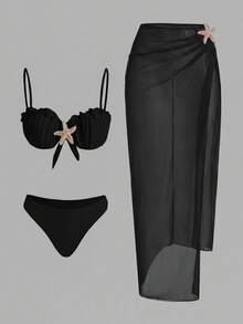 Swim Oasis 女款黑色波希米亞風海灘度假優雅三件式夏季休閒度假比基尼套裝與海灘長裙女裝套裝 - 黑色 - 查看 1
