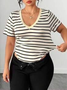 SHEIN LUNE CURVE Plus Size Women's Elastic Basic V-Neck Striped Ruched Waist Bodysuit, Black And White Short Sleeve Base Layer Bodysuit - Black and White - View 7