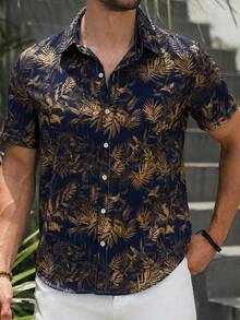 VENTUSAIL 男士全印花單排扣休閒百搭日常穿著襯衫 - 藏蓝色 - 查看 7