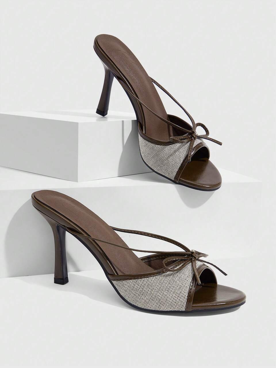 CUCCOO SZL Women Shoes Brown PU Bow Fashion Sexy Temperament Elegant Round Toe Slip-On High Heels Sandals