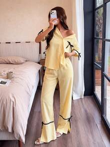Dream Adore 復古條紋繫帶家居服套裝，經典翻領短袖上衣與長褲套裝 - 彩色 - 查看 4