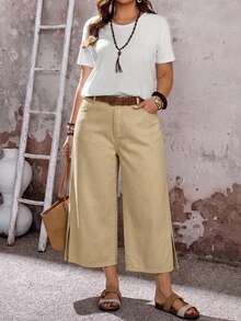 EMERY ROSE EMERY ROSE Plus Size Women's Pocket Side Slit Wide Leg Loose Casual Cropped Denim Jeans - Khaki - View 6