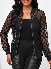 SHEIN Lady Women's Polka Dot Mesh Long Sleeve Zipper Front Baseball Collar Regular Fit Jacket - Black - View 3
