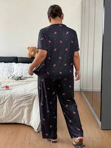 Napfluff CURVE Napfluff CURVE Conjunto de manga corta de punto acanalado con lazos en todo el diseño para mujer de talla grande - Negro - Ver 2