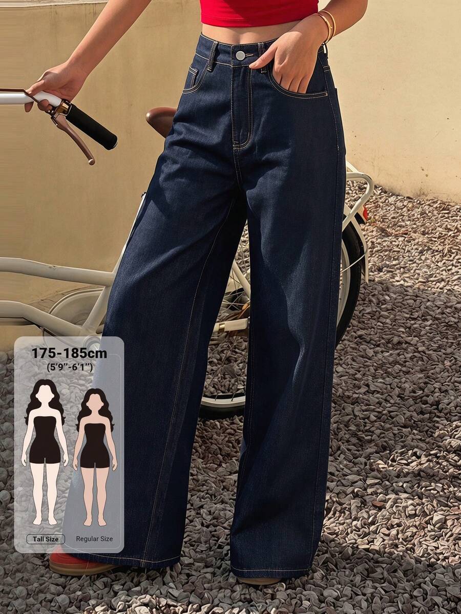 Livesso Tall Celana Jeans Denim Wanita Model Longgar Lurus Gaya Liburan Musim Gugur - Dark Wash - View 1