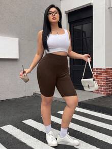 SHEIN EZwear 2件組大尺碼酷感面料系列黑色高腰緊身短褲，春夏服飾 - 棕色 - 查看 6