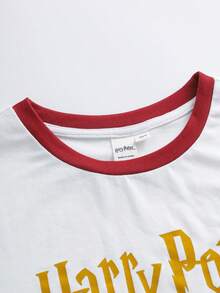 HARRY POTTER X SHEIN Tween Girl Contrast Trim Letter Cartoon Print Short Sleeve T-Shirt And Shorts Casual Daily Set - White - View 4