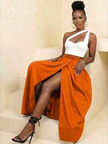 BamGlimmer Holiday Vacation New Design Plus Size Orange Plus Size Skirt, Fashionable Vibrant Vacation Hip-Hop Casual Style, Suitable For Travel, Vacation, Daily Wear, Back To School, Party, Gathering - Orange - View 6