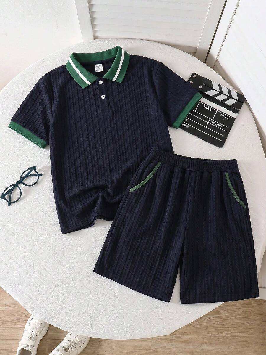 2件套幼儿男童撞色滚边短袖上衣和短裤套装 - 藏蓝色 - 查看 1