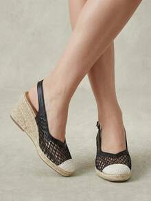 Styleloop Ladies, Rubber Band Cross Strap, Straw Rope, Sandals, High Heels. - Black - View 4