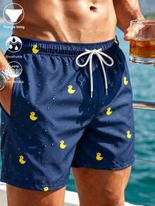 Manfinity Swimmode شورت رجالي للصيف مطبوع عليه بطة كرتونية، خصر بسحاب، ملابس سباحة للرجال، ملابس شاطئ للرجال، سراويل سباحة للرجال، بدلة سباحة للرجال، شورت شاطئ للرجال، عطلة - أزرق بحري - مشاهدة 3