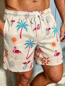 Naviga Onda Celana Pendek Pantai Kasual Pria dengan Tali Serut dan Motif Pohon Palem & Flamingo, Warna Beige, Gaya Boho Musim Panas, Celana Renang untuk Liburan di Hawaii, Tropis - Khaki - View 6