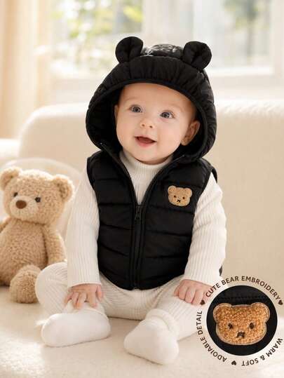 SHEIN Playful Pals Babyboy Winter Pure Black Casual Style Hooded Sleeveless Vest, Hood With Ear Design, Suitable For Outdoor Activities, Casual Wear, And Party Occasions