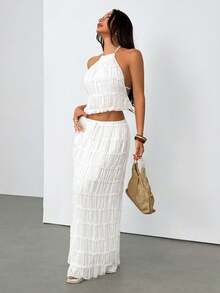 SHEIN PETITE Women's Solid Color Pleated Halter Neck Tank Top And Skirt Fashion 2-Piece Set - White - View 8